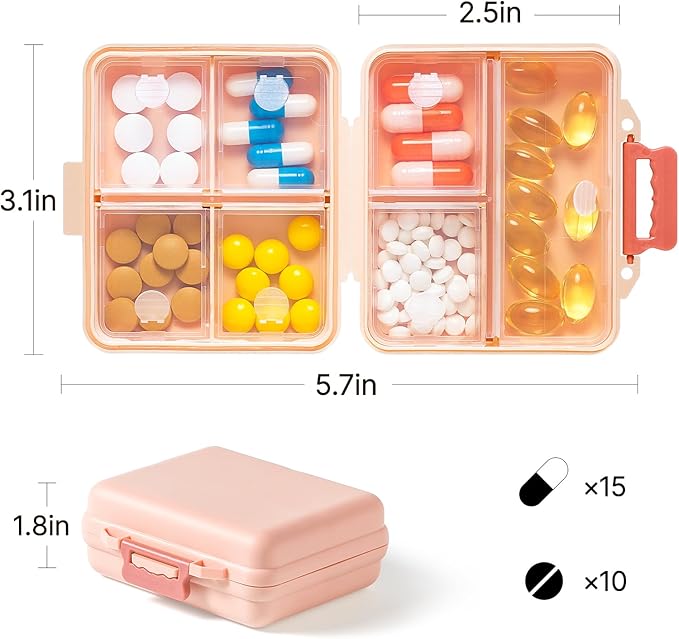 1 Pack Travel Pill Organizer,Portable Daily Pill Box,7 Grid Compartments Weekly Pill Case with Lables,Mini Medicine Organizer Box,Compact Pocket Pharmacy for Purse Vitamin Fish Oil Container (Pink)