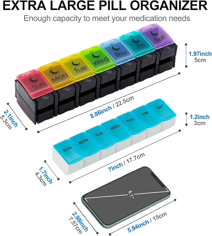 XL Large AM/PM Weekly Pill Organizer Arthritis Friendly, 2 Times a Day Pill Box with Spring Open Design, 7 Day Vitamin Case with Push Button Compartments