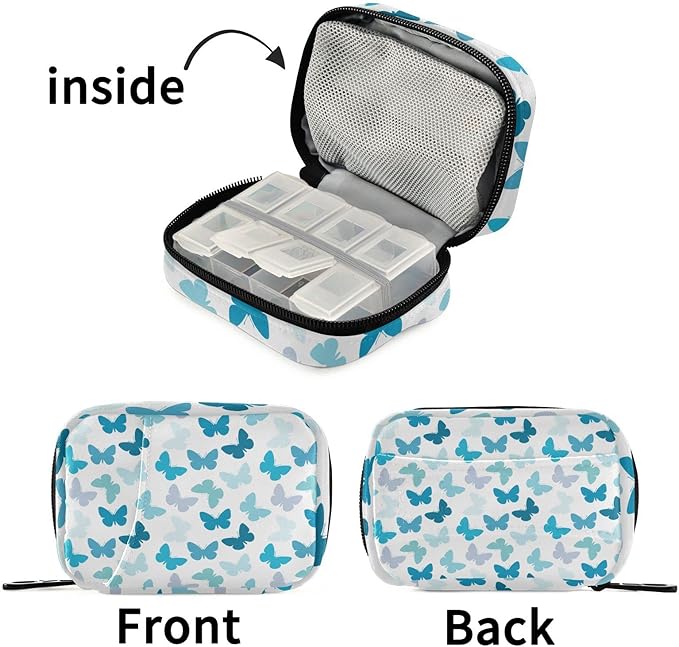 Butterfly Pill Box 7 Day Pill Case Travel Pill Organizer Bag with Zipper Portable Weekly Vitamin Medicine Supplement Holder Pouch Bag