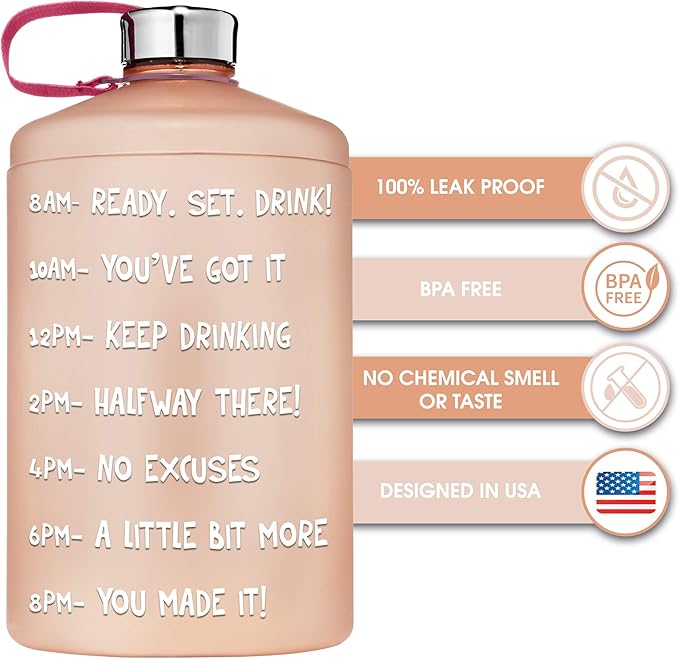 NatureWorks HydroMATE 1/2 Gallon Water Bottle with Times to Drink BPA Free Leak Proof Reusable Jug with Handle 64 oz (Rose Gold)