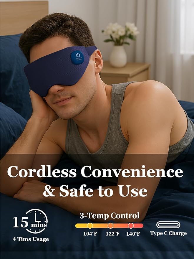 Heated Eye Mask, Cordless Warm Eye Compress for Dry Eyes, Birthday Christmas Gifts for Women Men, Washable Eye Heating Pad for Travel, Eye Relief, Improved Sleep (Blue)