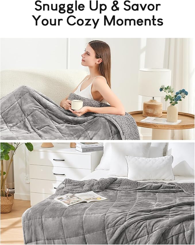 Cottonblue Weighted Blanket 17 lbs Queen Size, Flannel Shaggy Sherpa Weighted Blanket for Adults Comfortable Weighted Blankets for Calming and Relax, Bed Sofa Heavy Blankets, 60x80 inches, Grey