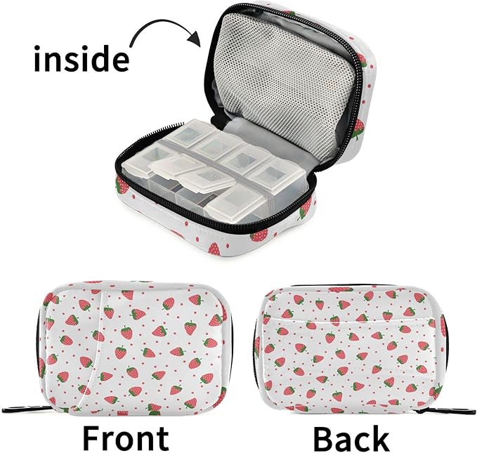Strawberry Fruit Pill Box 7 Day Pill Case Travel Pill Organizer Bag with Zipper Portable Weekly Vitamin Medicine Supplement Holder Pouch Bag