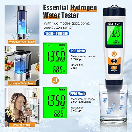 Hydrogen Water Tester pH H2 ORP Meter, Hydroponic pH TDS EC Meter, 6 in 1 pH H2 ORP TDS EC Temp Tester for Drinking Water and Pool, Dissolved Hydrogen Tester for Hydrogen Water Bottle