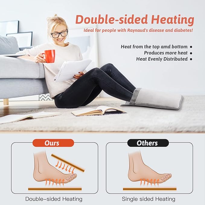 Double Sided Electric Foot Warmer with Machine Washable & 8 Hrs Timer, Feet Heating Pads Non-Slip,Electric Heated Warmers for Bed,Under Desk,Office,Home,Christmas Gifts,Grey,20''*20