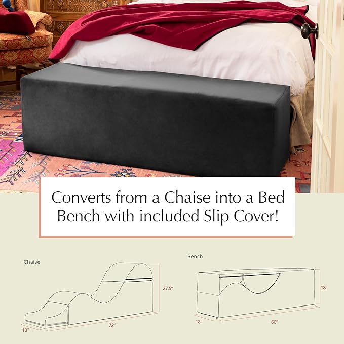 Avana Kami Convertible Chaise/Bed Bench for Yoga & Massage - 2-in-1 End of Bed Ottoman with Concealed Fold Out Yoga Lounge Chair, 22" Wide, Microvelvet Black