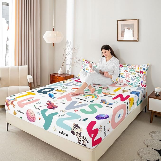 Cartoon ABC Alphabet Bed Sheet Set - Full, Fitted Sheet for Kids, Cute Educational Bedding Set with 2 Pillow Cases