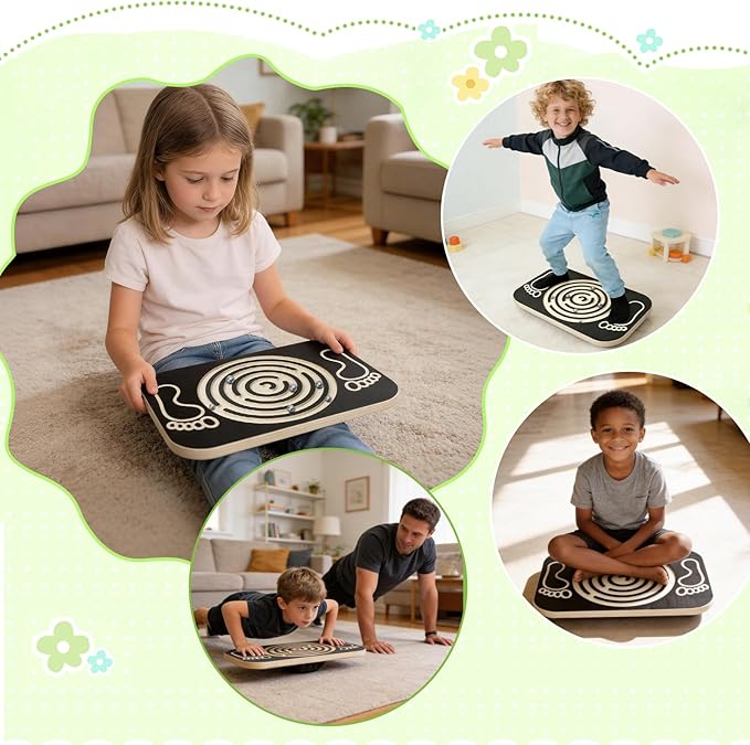 Balance Board Maze for Kids, 17.5-Inch Wobble Board Rocking Seesaw Sensory Training with 6 Balls, Non-Slip Pedals Indoor Outdoor for Boys Girls