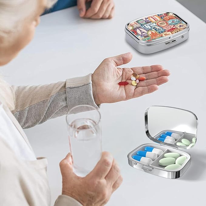 Pill Box-2 Compartment Small Pill Case Square Organizer Case with Mirror Portable Metal Medicine Box Travel Container for Pocket & Purse Women Men（Travel Stamp）