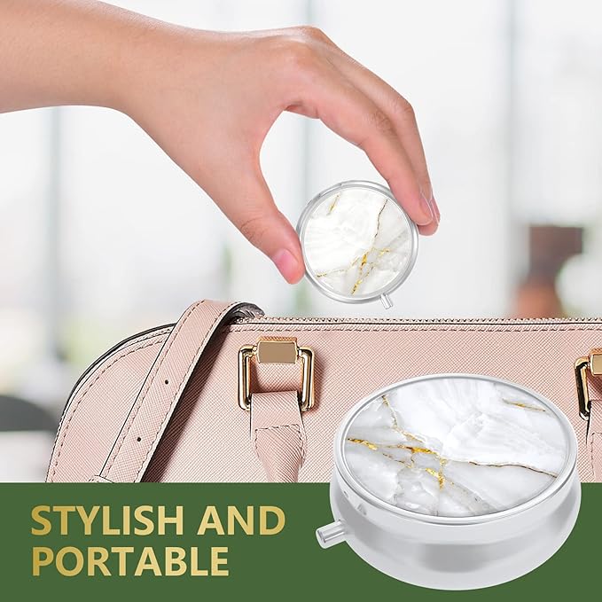 Nipichsha Pill Box, Small Pill Case for Purse & Pocket, Cute Travel Medicine Organizer, Portable Medicine Container Holder to Hold Vitamins, Medication, Fish Oil & Supplement, White Marble