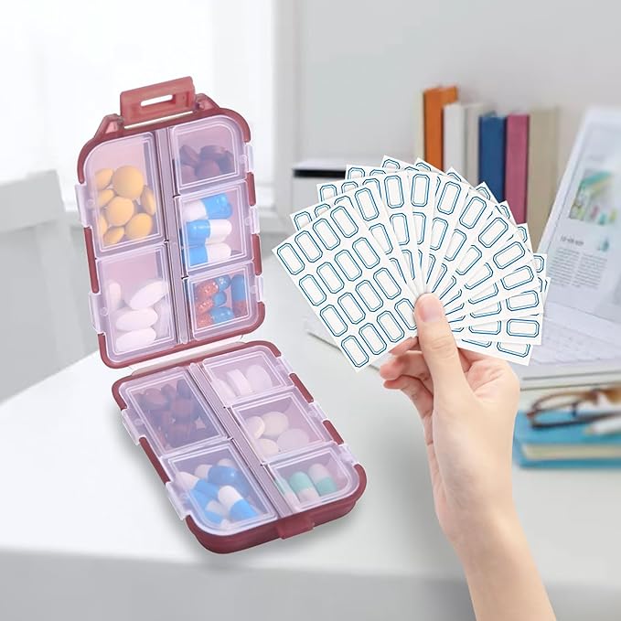 INVODA 12PCS 10-Compartment Pill Organizer BPA-Free Travel Pill Case with Daily Labels Portable Medicine Box for Vitamins, Supplements & Jewelry