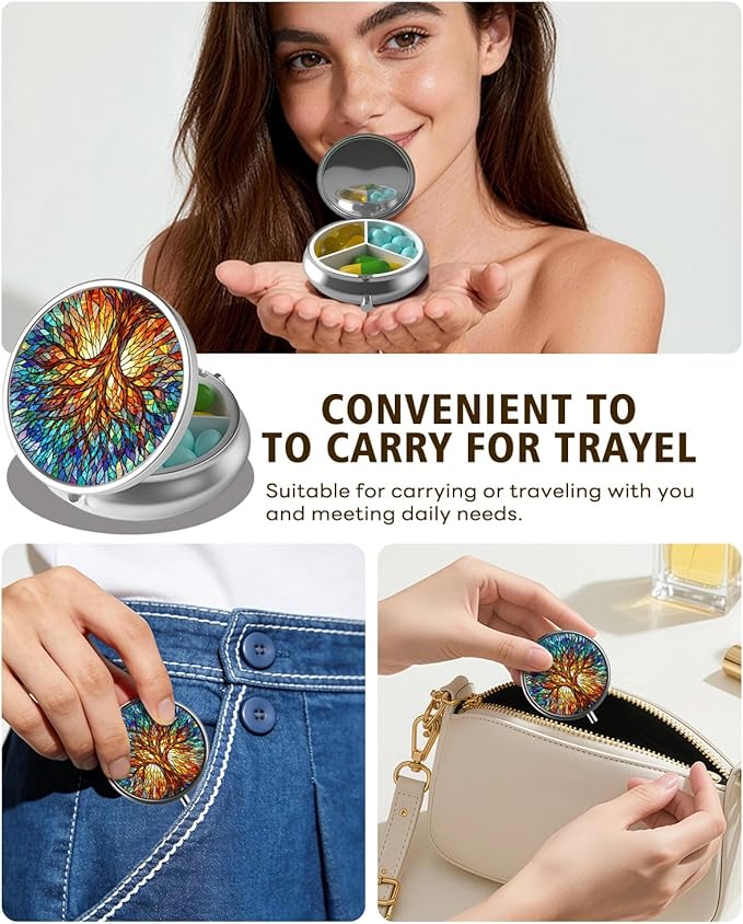 LRITER Pill Case, Portable Travel Pill Box, Pillbox Organizer, Cute Small Medicine Storage Container, Purse Accessories for Women, Men (Glass Tree)