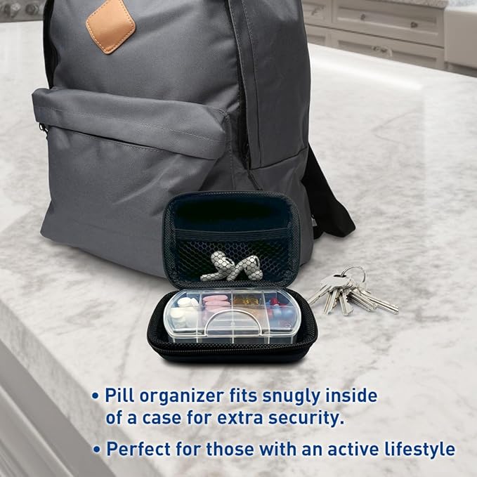 EZY DOSE Hard Sided Pocket Pharmacy Pill Case, Features Zippered Pouch, Easy to Use Design, Portable and Perfect for Daily Usage, 8-Comparments, BPA Free, Black