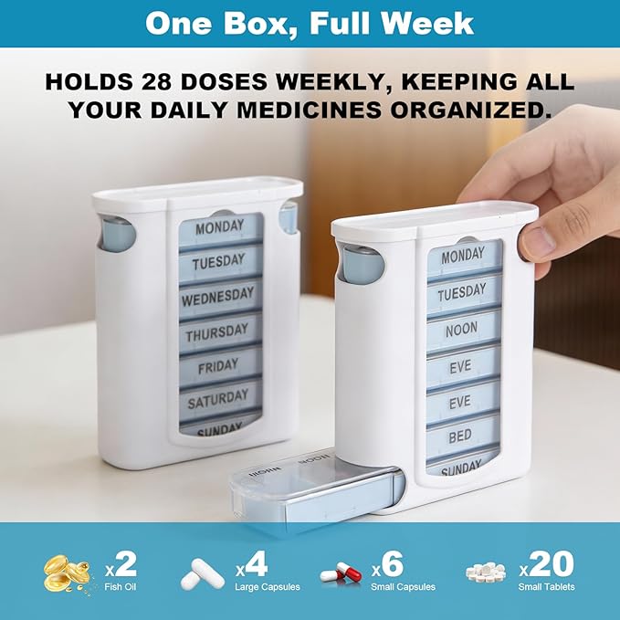 7 Day Pill Organizer 4 Times a Day Medicine Organizer Morning Noon Night Daily Pill Dispenser Stackable Weekly Pill Organizer for Home Travel
