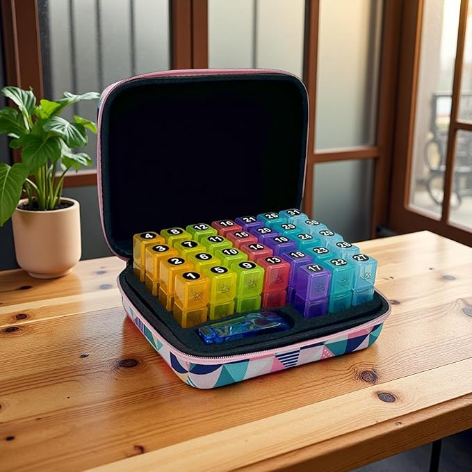31-Day Monthly Pill Organizer with 3 Daily Compartments, Travel Medication Box with Pill Cutter, AM PM Storage Case (Rhombus 31-Day Medication Storage Box)