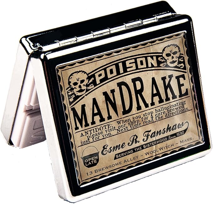 Silver Vintage Pill Box 7 Day Metal Pill Box with Mirror and 8 Compartments Cute Travel Pill Organizer for Purse (Poison Mandrake)