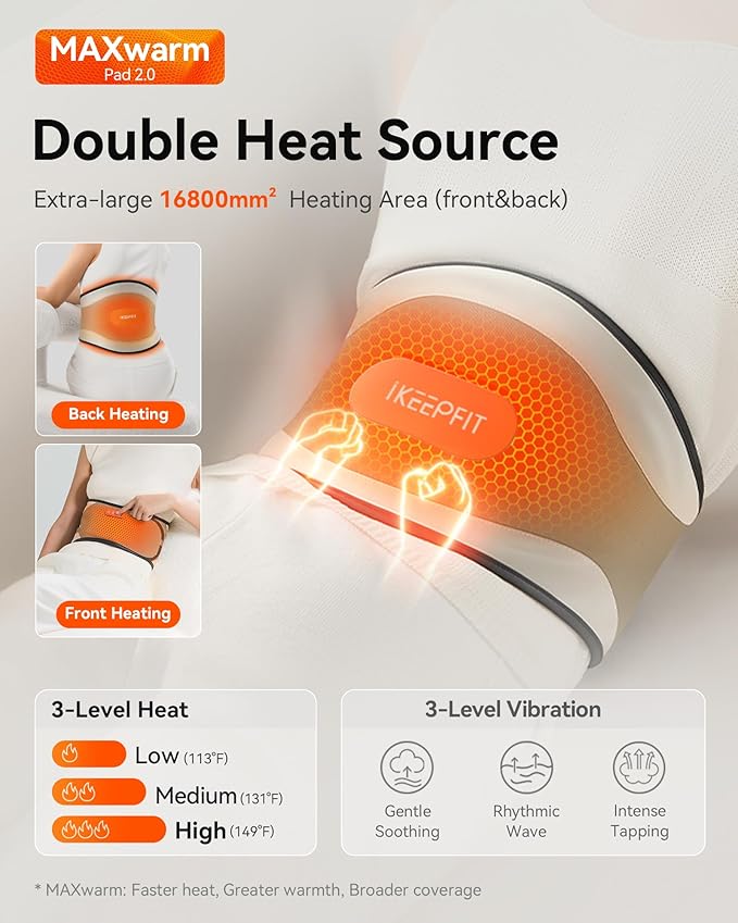 Portable Heating Pad for Back & Period Cramps, MAXwarm 2.0, Cordless Lower Back & Menstrual Heated Pad with Massager for Pain Relief, Wearable Heat Belt, Extra Large 70" (Grey)