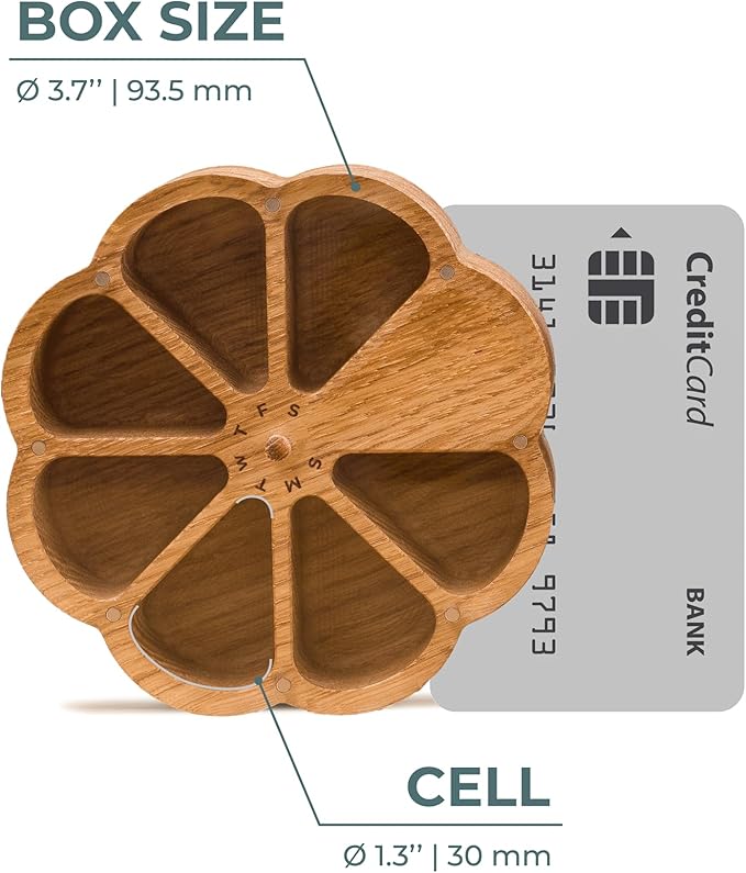 Makety Cute Pill Organizer, 7 Day Vitamin Holder with Magnetic Lid, Floral Design, Solid Oak Wood