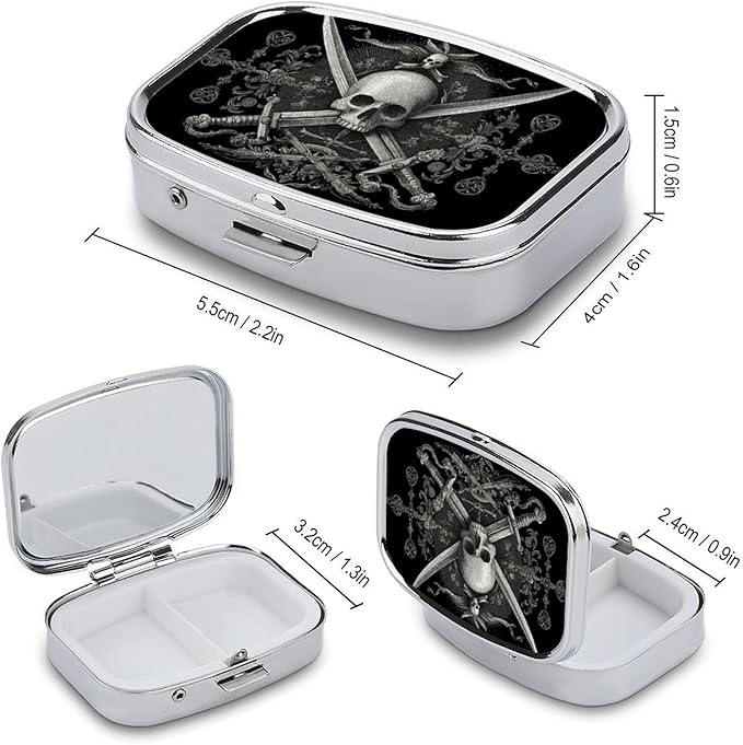 Metal Pill Organizer – 2-Compartment Pocket Pill Box for Vitamins, Supplements, Medications – Compact Travel Case (Ornate Skul)