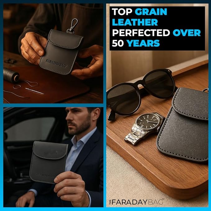 Faraday Key Fob Protector - Real Leather Premium Signal Blocking Pouches - RFID Blocking Car Key Security Shield