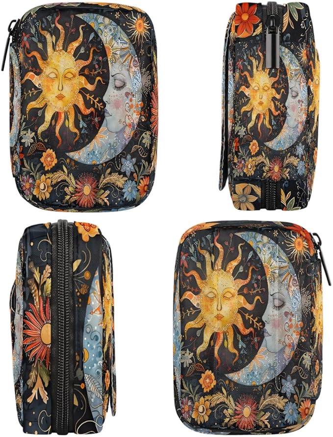 Abstract Sun Moon Flower Travel Pill Organizer Box Weekly Portable Pill Case Daily Pills 7 Day Small Birth Control Pills Container Removable Compartments for Medicine Vitamins Fish Oil