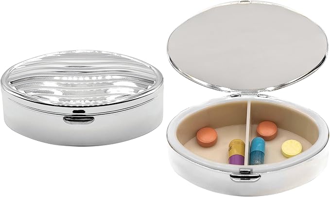 Set of 2 Oval-Shaped Pocket Purse Pill Box & Organizer with Dual Compartments (Silver Waves)