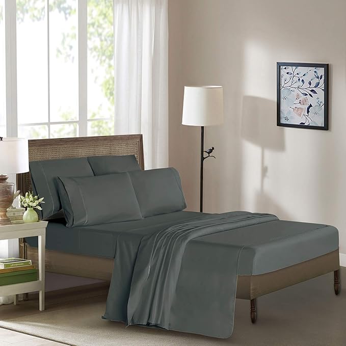 Mueller Luxury 6 PC Full Size Bed Sheets, Super Soft 1800, Deep Pocket up to 16" Full Size Sheets, Transfers Heat, Breathes Better, Hypoallergenic, Wrinkle-Resistant, Oeko-TEX, Dark Grey
