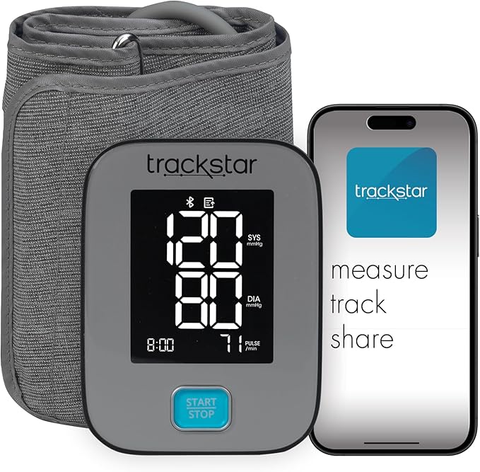 Trackstar Smart Blood Pressure Monitor | Wide-Range Upper Arm Cuff | Trackstar Monitoring App | Bluetooth iOS & Android Compatible | Measure, Track, and Share Results