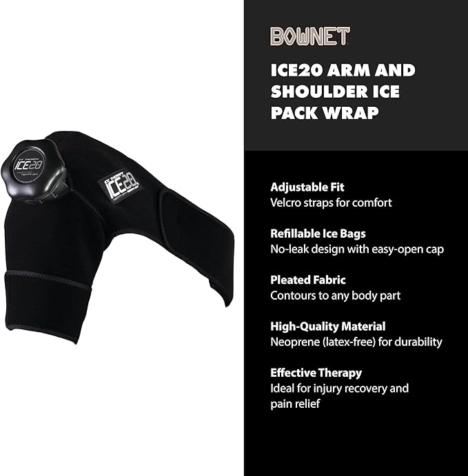 Bownet ICE20 Arm & Shoulder Ice Pack Wrap – Refillable Reusable Ice Therapy Compression Sleeve for Rotator Cuff, Elbow & Sports Injuries, Adjustable Neoprene Support, Cold Pain Relief (Single)