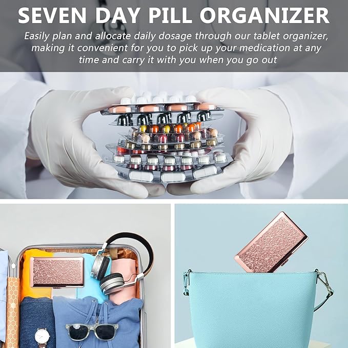 Portable 7-Day Metal Pill Case, Featuring 8 Compartments—Perfect for Travel. BPA-Free. (L-Pink, Large)