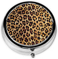 Cheetah Leopard Brown Print Round Metal Pill Box with 3 Compartment for Pocket or Purse Travel Bag Mini Small Size 2 inche