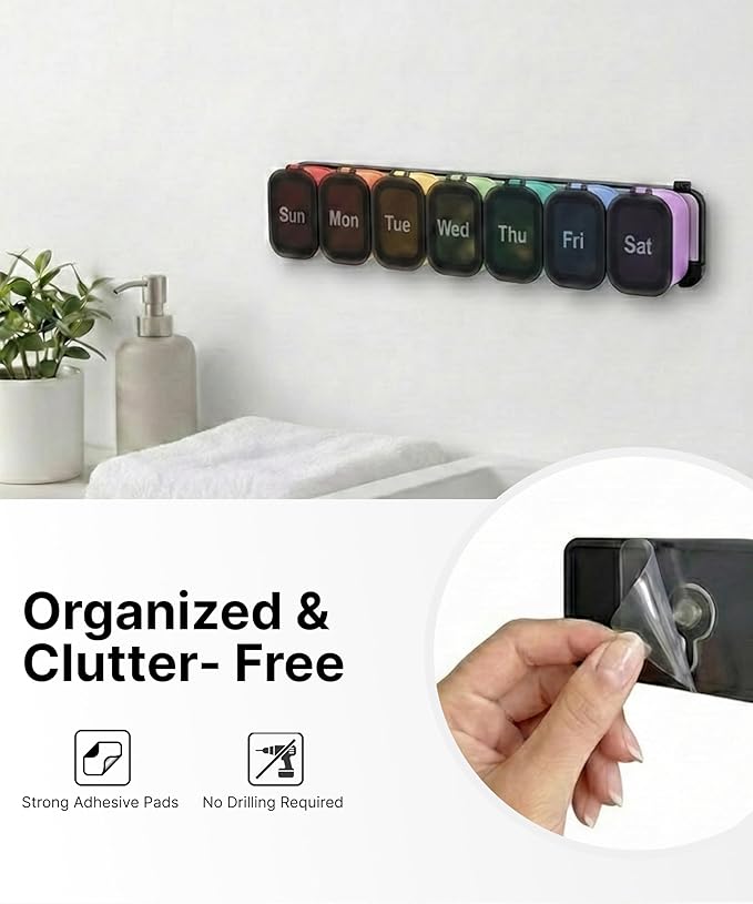 Pill Box 7 Day – Weekly Pill Organizer with Magnetic Detachable Compartments, 1 Time a Day for Vitamins & Supplements, Easy-Open Lids, Color-Coded Daily Containers with Easy-to-Read Day Markings