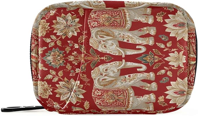 Red Retro Elephant Flowers Travel Pill Organizer Case Box Container Weekly Portable Vitamin Medicine Holder Storage Bag with Zipper Removable