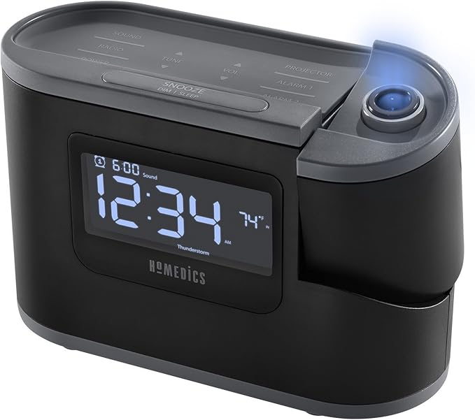 HoMedics SoundSleep Recharged Alarm Clock & White Noise Sound Machine, 6-in-1 Projection Alarm Clock and Sleep Sound Machine, 8 Nature Sounds and Indoor Temperature Sensor, Auto-Off Timer