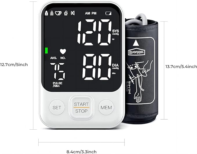 Blood Pressure Monitor Upper Arm Machine Accurate Adjustable BP Cuff Kit Led Backlit Display 2 Users 240 Sets Memory Includes Storage Bag White