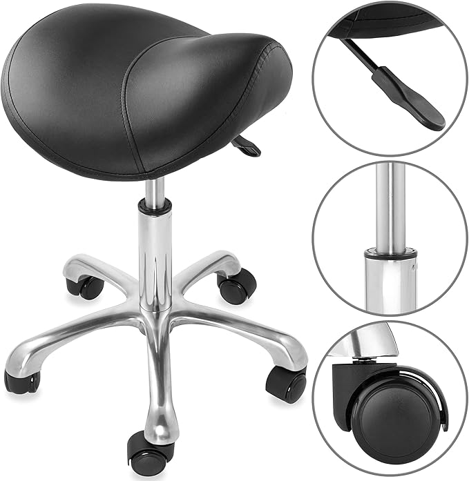 Saloniture Professional Ergonomic Saddle Stool, Black - Adjustable Hydraulic Seat, Rolling Spa Salon, Massage, and Medical Office Chair with Swivel Wheels