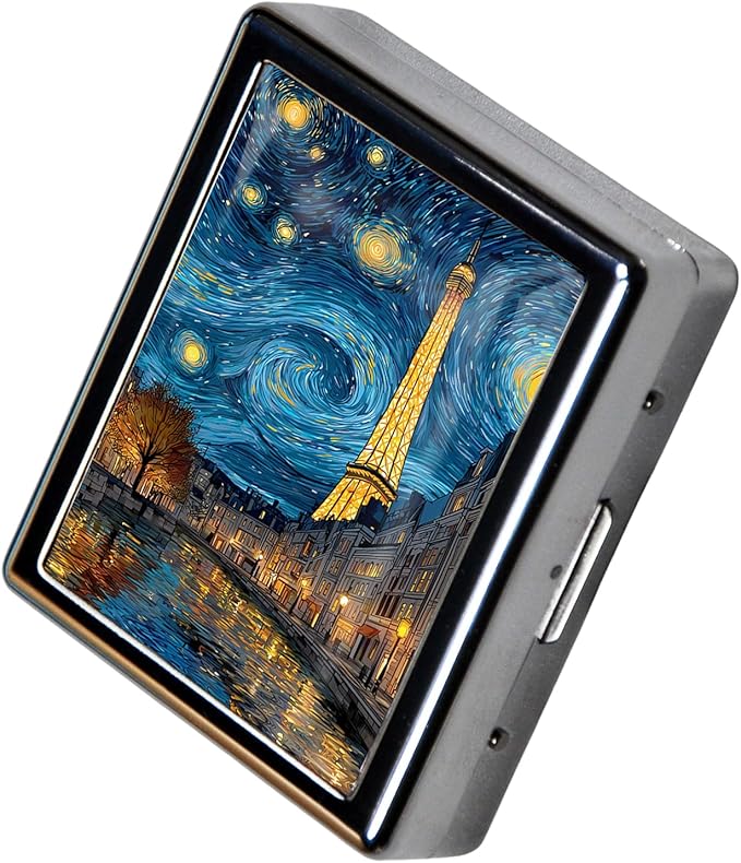 Metal Pill Organizer Box with Mirror – 8 Compartment Chrome Pill Case, Pocket-Size Travel Pill Container for Vitamins, Seniors, Daily Use (Starry Night Over Paris)