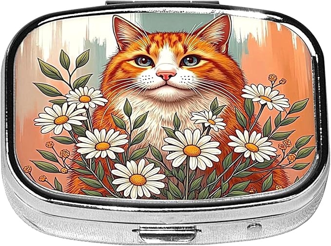 ABLESKY Pill Box, 2 Compartment Pill Organizer Case for Pocket or Purse, Small Portable Metal Travel Medicine Box with Mirror, Daily Vitamins Fish Oil Container-Chamomile Orange Cat