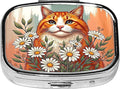 ABLESKY Pill Box, 2 Compartment Pill Organizer Case for Pocket or Purse, Small Portable Metal Travel Medicine Box with Mirror, Daily Vitamins Fish Oil Container-Chamomile Orange Cat