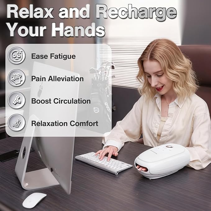 Hand Massager with Heat and Compression, Cordless Hand and Wrist Massager for Arthritis and Carpal Tunnel, Rechargeable, Gifts for Women Men, White