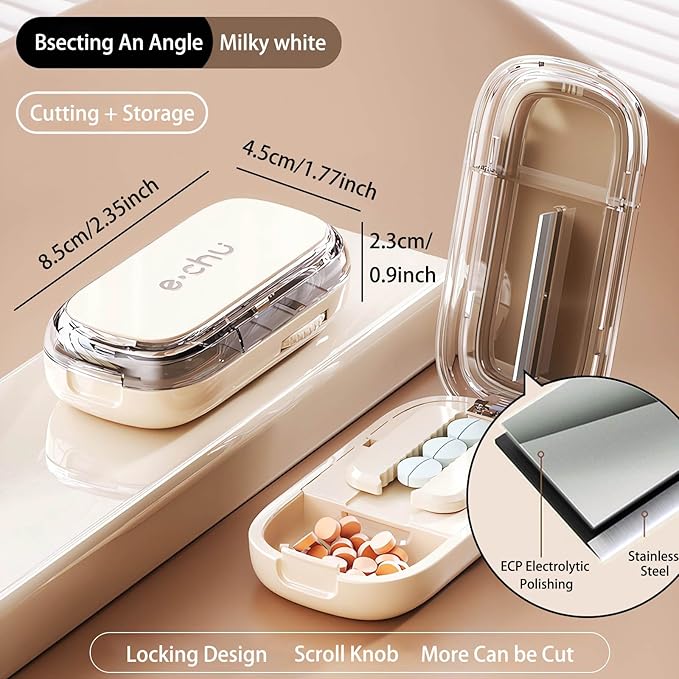 Pill Cutter (Off-White with Brush) Cutter Divider丨Pill Divider丨Pill Divider, Pill Divider for Cutting Pills, cuts Small or Large Pills in Half, Suitable for Travel, Pets