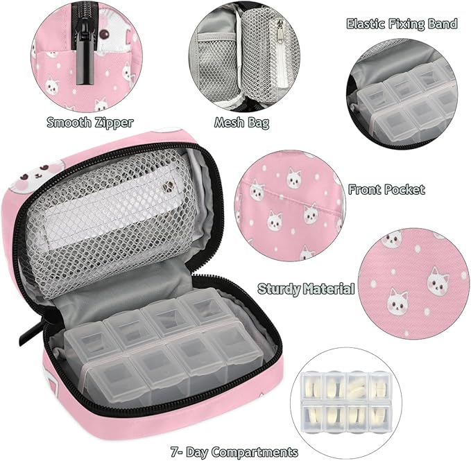 Cute Cat Travel Pill Organizer Bag Portable Weekly Pill Box Travel Medicine Organizer 7 Day Pill Case with Zipper for Daily Travel Family Business
