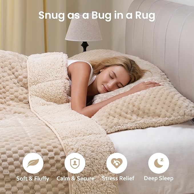 Drewin Weighted Blanket Twin Size 15 lbs, 3D Turtleback Pattern Jacquard Sherpa Weighted Blankets, Adult Weighted Blankets for Sleep Natural and Relaxing, Beige, 48 x 72 inches