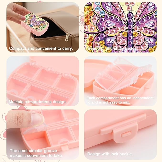 Butterfly DIY Diamond Painting Travel Pill Box, 6 Compartments Daily Vitamin Organizer, Portable Supplements Medicine Pill Case Container for Study Office Travel