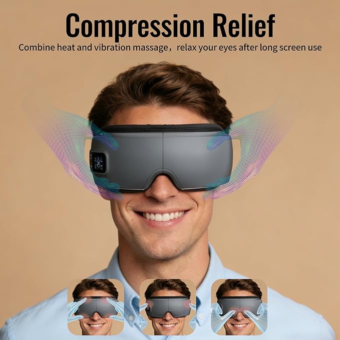 Eye Massager with Heat, Sleep Mask with Compression and Music for Migraines and Circles, Reduce Eyes Strain, Improve Sleep,for Women Men(Gray)