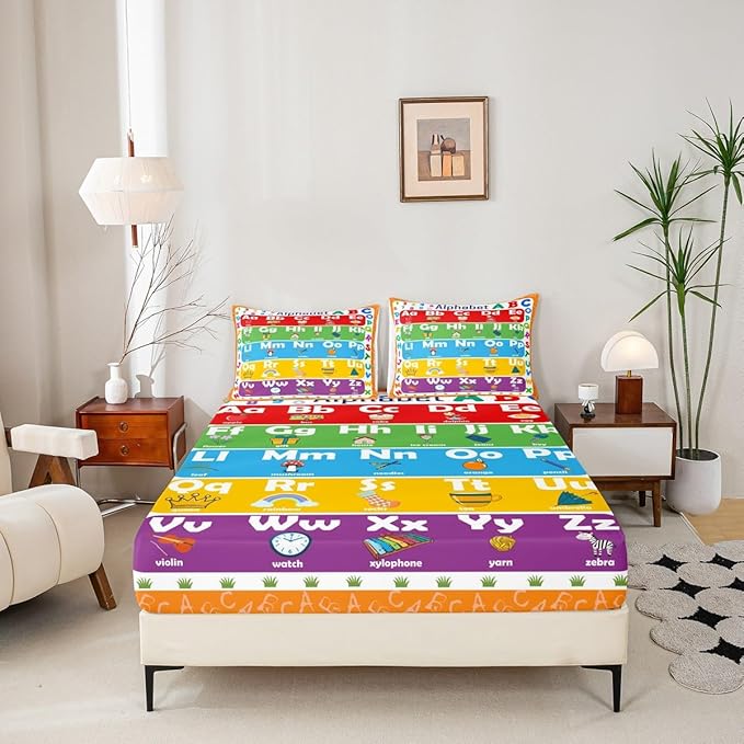 ABC Alphabet Bed Sheet Set Full Size, Learning Alphabet Fitted Sheet Kids Toddler Educational Bedding Set Word Educational Bed Cover (2 Pillow Cases and a Fitted Sheet)