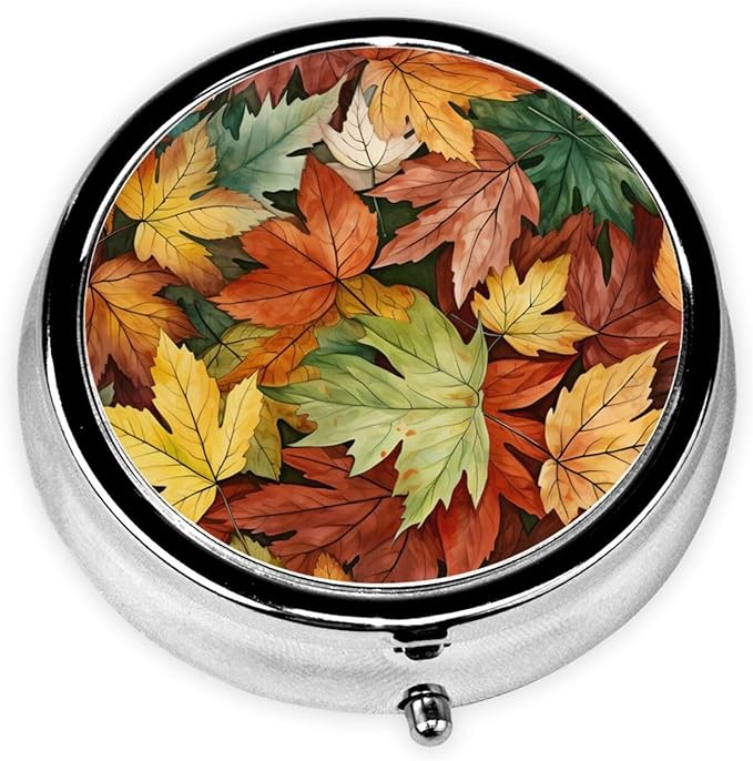 Colorful Fall Maple Leaves Pill Box 3 Compartment Pill Case, Portable Medicine Pill Organizer for Pocket Purse Pill Box Decorative Metal Medicine Vitamin Organizer