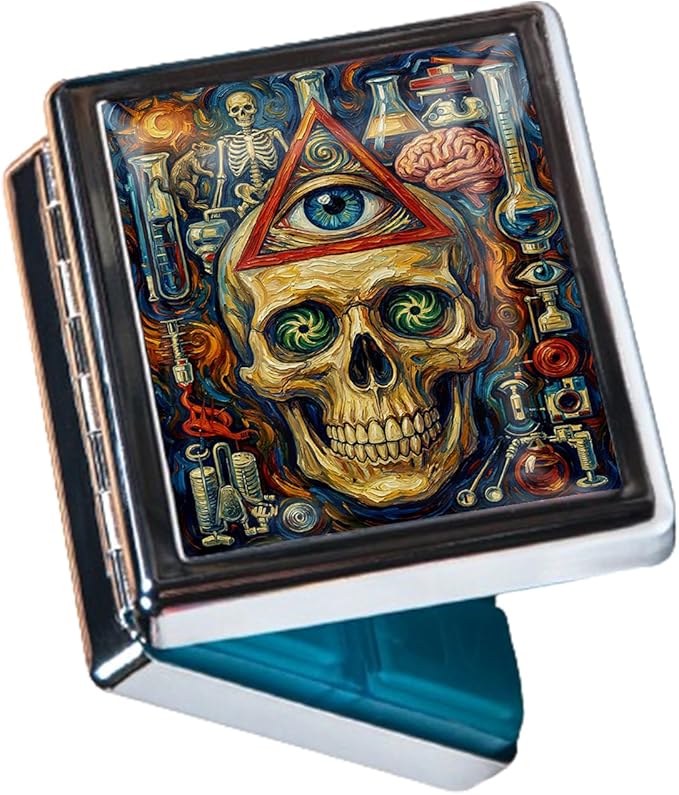 Metal 7 Day Pill Organizer, Weekly Pill Case 8 Compartments, Travel Pill Box for Purse & Pocket, Small Medicine & Vitamin Organizer, PP Dividers, Secure Clasp (Skull)