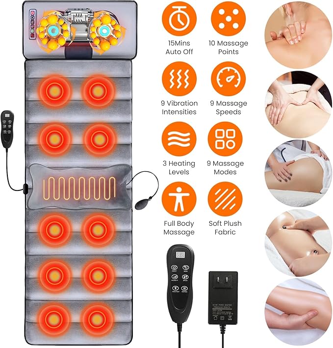 KOCASO Full Body Electric Massage Mat with Heat Vibration Massage Pad Cushion Back Massage Mattress Chair Pad with Neck Massage Pillow with 10 Vibration Motors Timer for Home Office/53.14*19.68 inch