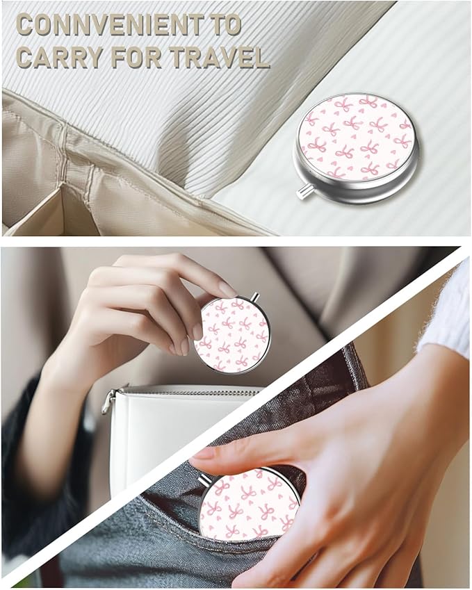 Pill Box, 3 Compartment Portable Travel Medicine Box with Mirror, Compact and Cute, Fits in Purse and Pocket, Medicine and Vitamin Organizer (Pink Bow)